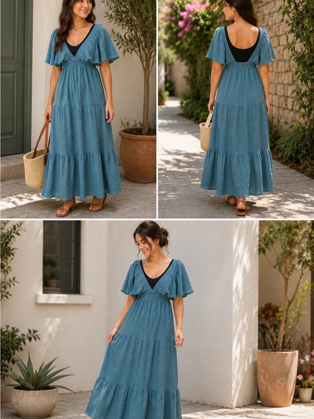 Flutter-Sleeve Tiered Maxi Dress in Teal Blue